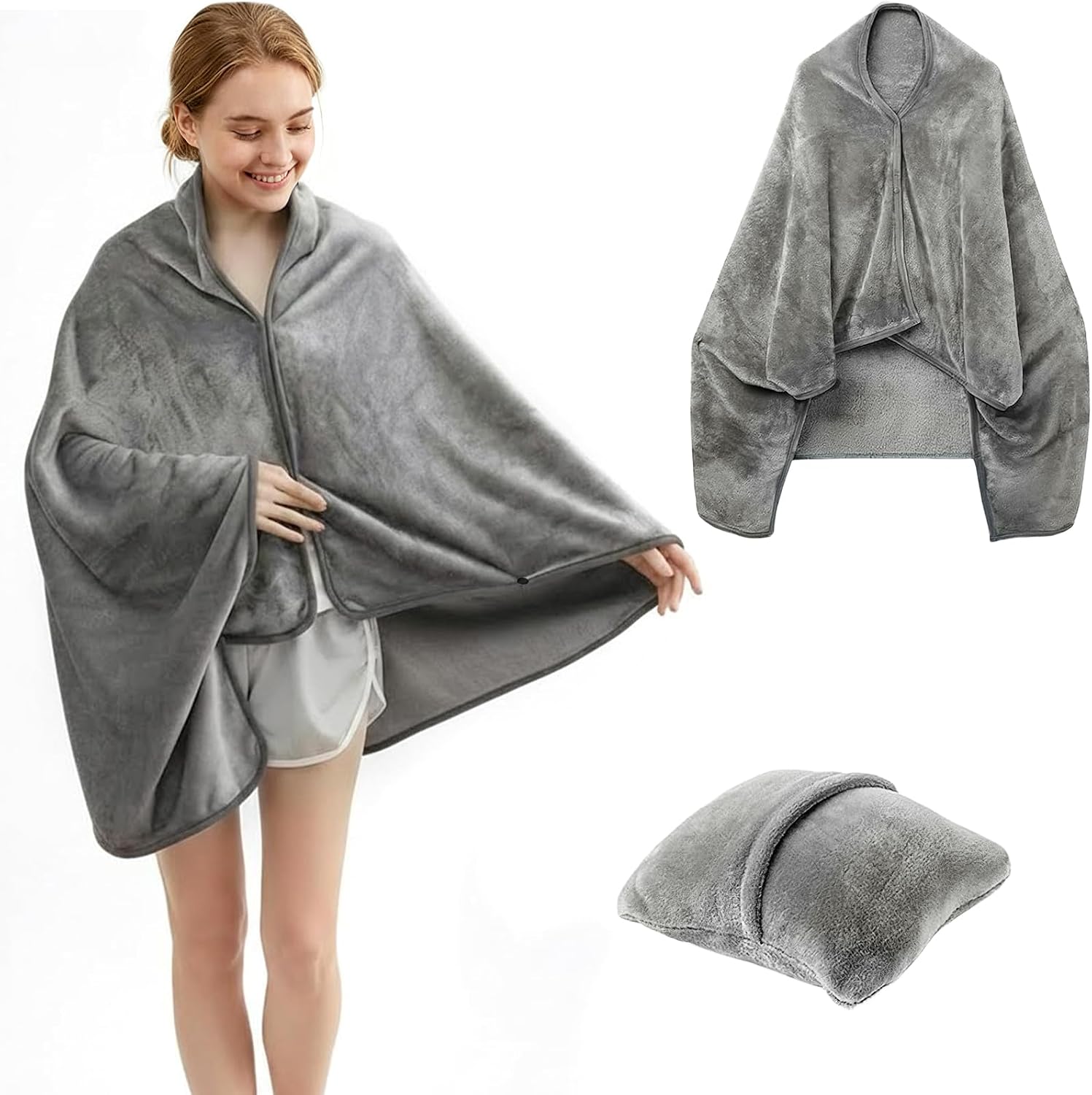 Couverture de Voyage 3-en-1 avec Coussin Intégré et Boutons – Poncho Multifonction pour Avion, Camping & Extérieur | Femme, Homme, Enfant