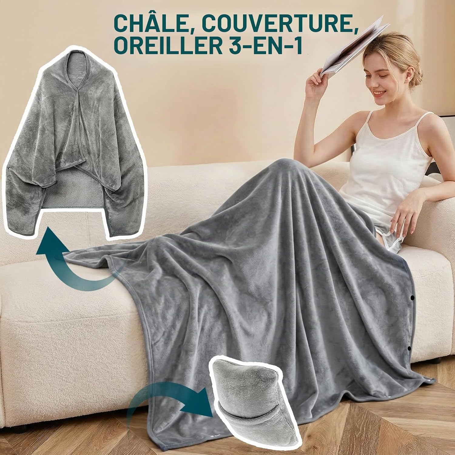Couverture de Voyage 3-en-1 avec Coussin Intégré et Boutons – Poncho Multifonction pour Avion, Camping & Extérieur | Femme, Homme, Enfant